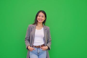 Happy young woman in casual outfit smiling against a vibrant green screen background, embodying confidence and positivity in a studio setting