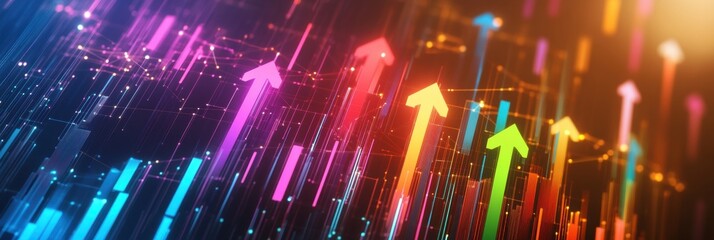 Colorful upward arrows representing growth and progress in a digital landscape with vibrant lights in the background. Generative AI