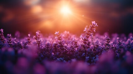 Naklejka premium A serene field of lavender flowers illuminated by a warm sunset glow, creating a tranquil atmosphere.
