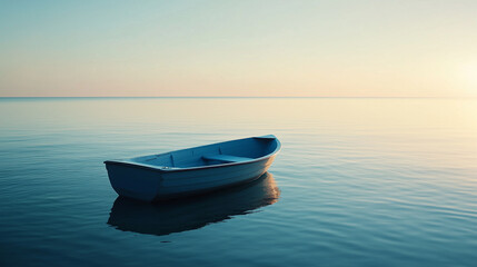 Naklejka premium serene blue boat floats on calm waters at sunset, creating peaceful scene.