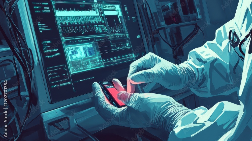 Poster medical professional conducting analysis in a high tech healthcare environment with advanced monitor