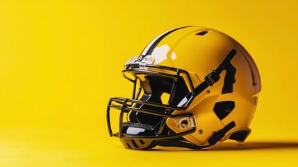 Fototapeta premium Yellow American football helmet with black stripes on yellow background.