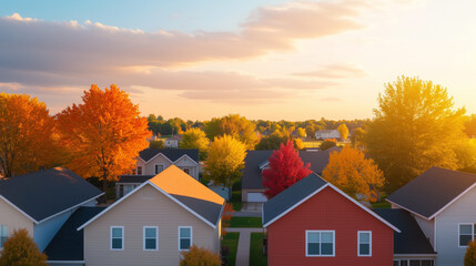 Aerial view of colorful autumn trees and houses in suburban neighborhood.