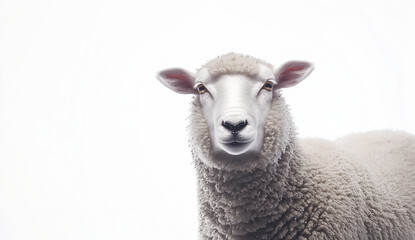 Portrait of an isolated sheep looking at the camera over a white background, close-up, high-resolution photography. 