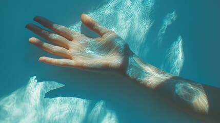 A hand submerged in water, reflecting light patterns and creating an ethereal visual effect.