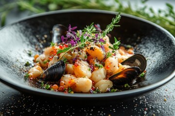 Delicious scallops, mussels, and herbs in a dark bowl. Showcase fine dining, ideal for restaurant menus or culinary blogs.