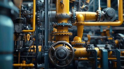 Fototapeta premium Close-up of intricate industrial machinery with yellow and gray pipes, valves, and gears.