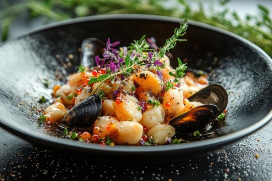 Delicious scallops, mussels, and herbs in a dark bowl. Showcase fine dining, ideal for restaurant menus or culinary blogs.