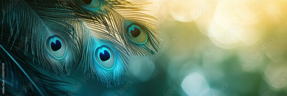 Fototapete peacock feathers showcase vibrant colors and intricate patterns in natural light at dusk. generative