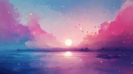 Serene Sunset Over Calm Water With Pink Clouds And Stars