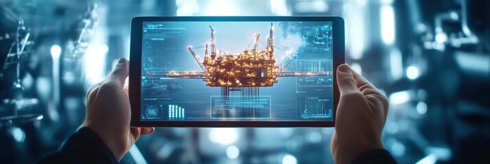 Hands hold a tablet showing a detailed 3D model of an oil rig in a high tech environment depicting energy production. Generative AI