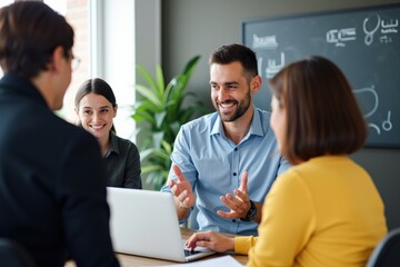 Engaging Team Collaboration in Modern Office Setting with Professionals Discussing Ideas and Sharing Insights Around Laptop