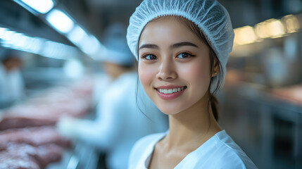 Indonesian woman works at meat production line in modern industrial food