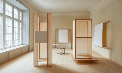 Three large wooden frames are leaning against the wall on the floor, each containing a different size of white blank poster. The room is bright, with light wood floors and walls in neutral tones, 