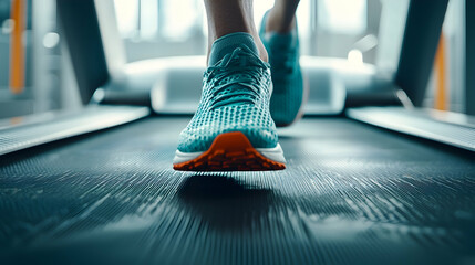 a close-up of running shoes on a treadmill