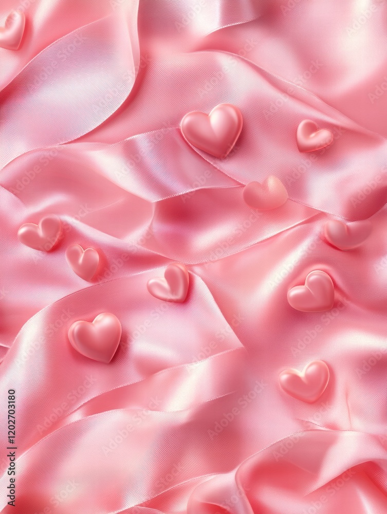 Poster Soft pink satin fabric with heart shaped embellishments scattered throughout the material creates a romantic atmosphere. Generative AI