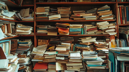Cluttered Shelf Overflowing with Old Papers and Documents in a Dusty Room
