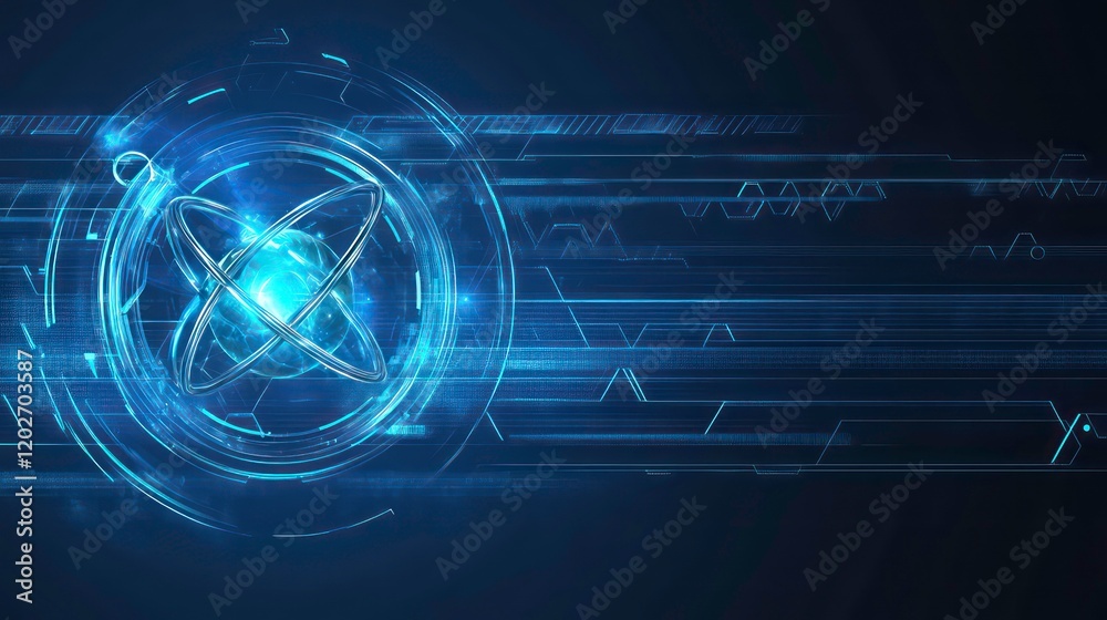 Poster Abstract glowing digital technology background with circular elements and light trails.