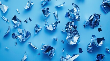 Scattered metallic blue shards on a blue background.