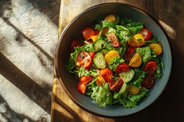 Fresh salad with tomatoes, cucumbers, and lettuce in a bowl. Perfect for healthy eating, restaurant menus, or food blogs.