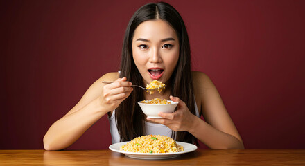 A young beautiful woman with long hair. Lady girl is sitting, with bowl of fried rice. With plain background