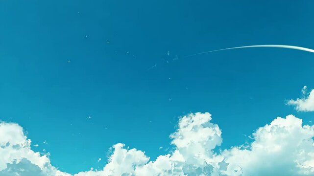 Clear blue sky with fluffy white clouds and a jet stream above on a sunny day