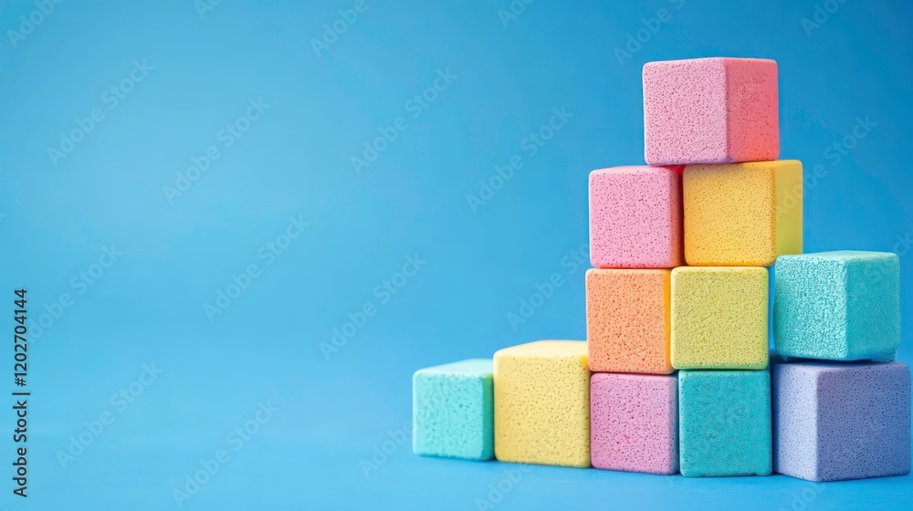 Aufkleber pastel-colored foam blocks stacked in a pyramid shape against a blue background.