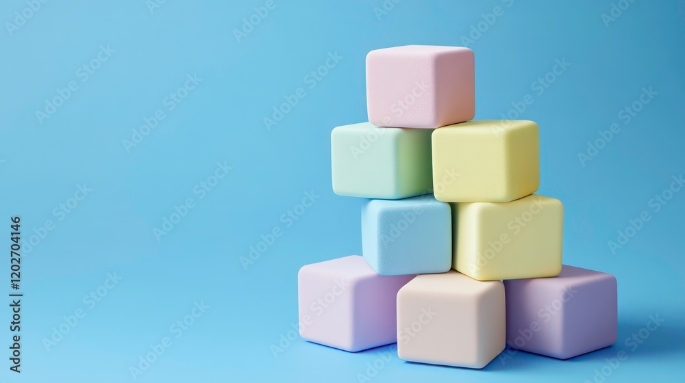Poster pastel-colored blocks stacked in a pyramid shape against a light blue background.
