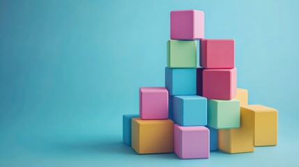 Fototapeta premium Colorful blocks stacked in a pyramid shape against a light blue background.