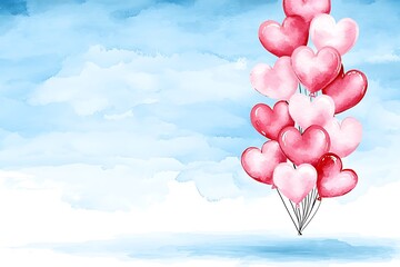 Obraz premium Valentine day love watercolor style balloons romantic sky background art illustration