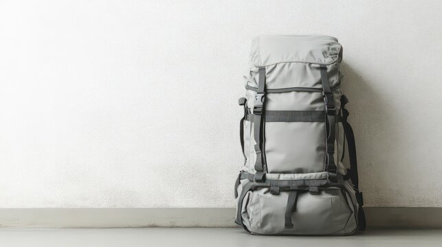 Large grey backpack leaning against a white wall.