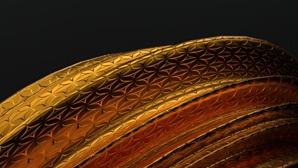 An abstract background of elegant and modern 3D rendering featuring a curved surface of golden metal against a dark background.