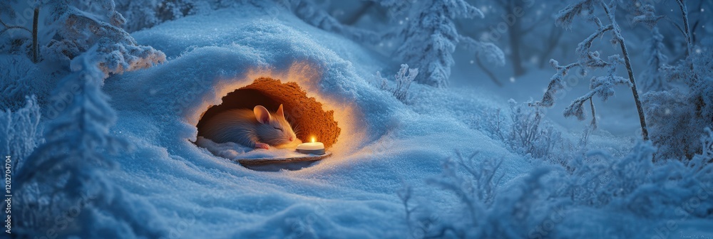 Poster cozy mouse resting in a snowy burrow with a candle illuminating the winter night. generative ai