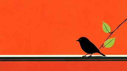 Fototapeta premium A bird perched on a windowsill, alongside a leafy branch