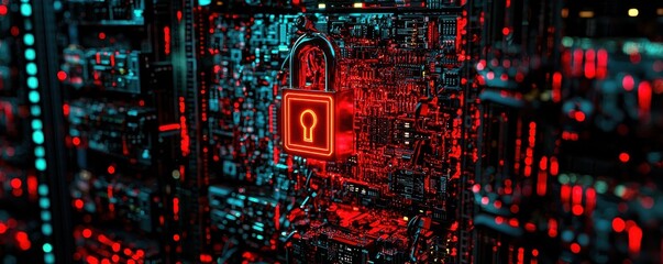 Obraz premium A digital lock symbol over a complex circuit background.