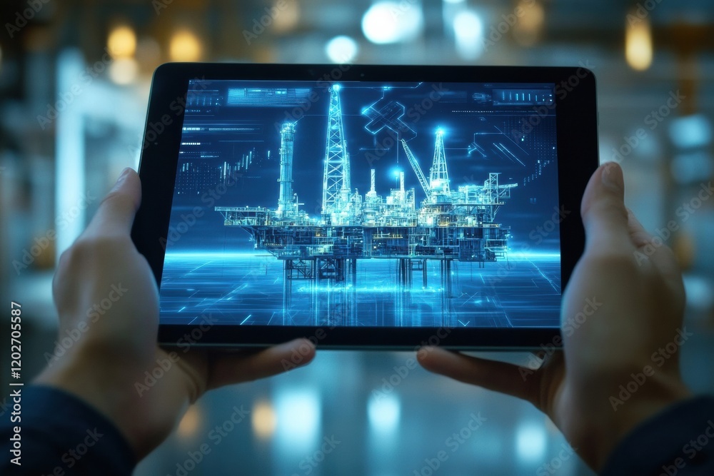 Poster hands display a 3d oil rig model on a tablet in a modern setting showing technology and industry int