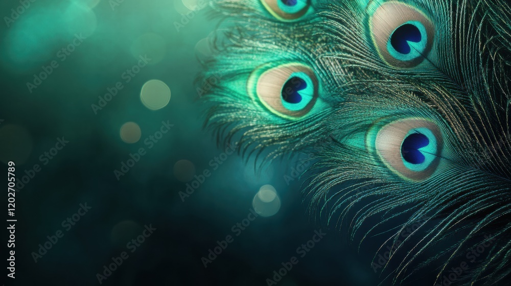 Fototapete beautiful peacock feathers shining in vibrant colors with soft bokeh background in natures display. 