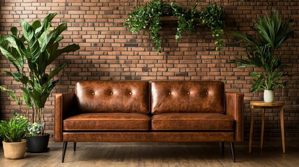 Obraz premium A stylish living room featuring a brown leather sofa, potted plants, and a rustic brick wall, creating a cozy ambiance.