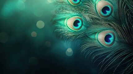Obraz premium Beautiful peacock feathers shining in vibrant colors with soft bokeh background in natures display. Generative AI