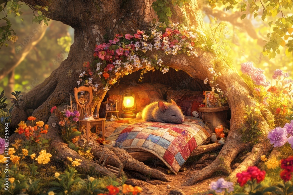 Poster cozy woodland creature resting in a flower filled tree hollow during golden hour light in a serene f