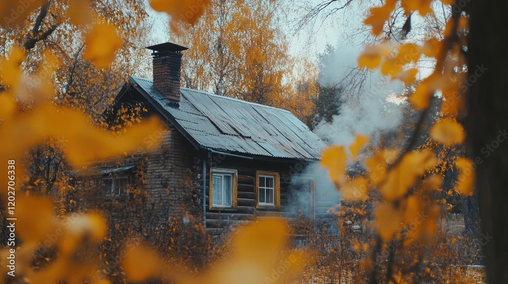 Aufkleber rustic wooden cabin enveloped in autumn foliage with smoke rising from the chimney in a serene fores