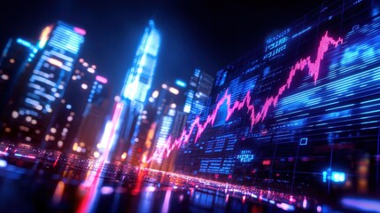Obraz premium A vibrant city skyline at night, featuring illuminated skyscrapers and a dynamic stock market graph, symbolizing finance and technology.
