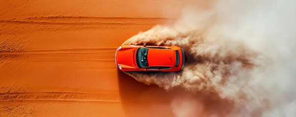 Aerial view of an orange car driving on sandy terrain.