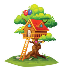 Charming tree house with red roof, balloons, and colorful decorations. Vector cartoon illustration