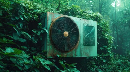 Naklejka premium An abandoned air conditioning unit surrounded by lush greenery.