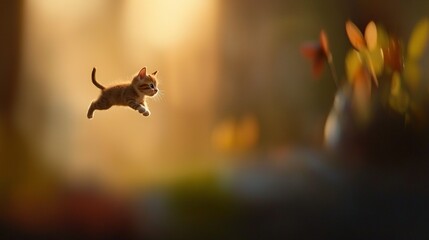 Fototapeta premium A cat leaping high, paws raised, amidst blurred flowery scenery
