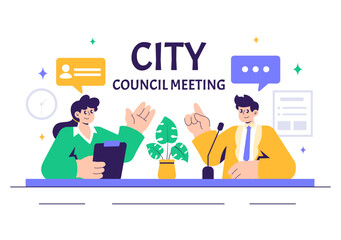 City Council Meeting Vector Illustration Featuring an Effective Business Team, Employees Collaborating, and Brainstorming for Critical Negotiations