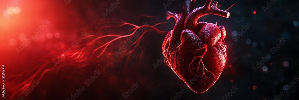 Leinwandbilder Realistic human heart with arteries glowing in red light in abstract artistic setting capturing essence of life and emotion. Generative AI