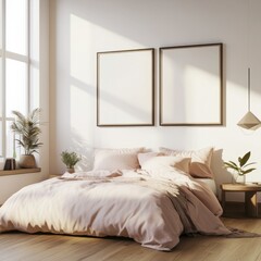 Sunlit bedroom with blush pink bedding, wooden floor, and empty frames.