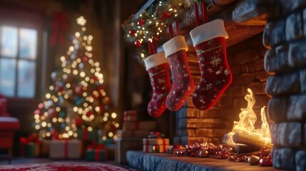 Christmas stockings hang by a fireplace with a decorated tree and presents.